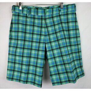 Nike Golf Men's Shorts Size 36 Green & Blue Plaid Casual Flat Front Golf Shorts